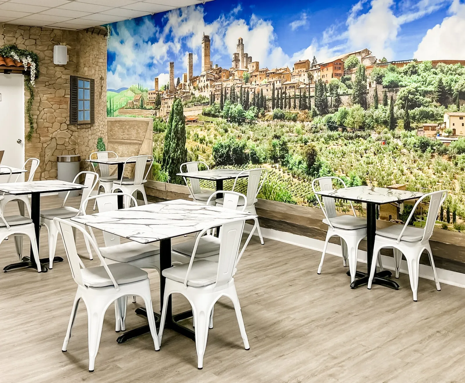 A little Italian piazza, indoors.